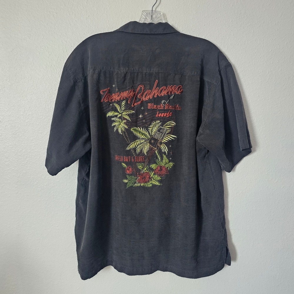 Tommy Bahama Mens M Black Marlin Lounge Silk Camp Shirt Charcoal Gray Embroider